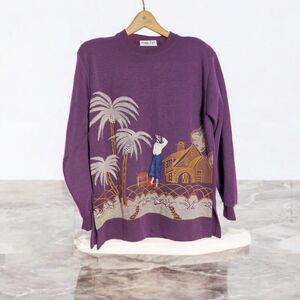 Ornate Tropical Vacation Scene Purple Sweater w Satin Accents Sz L